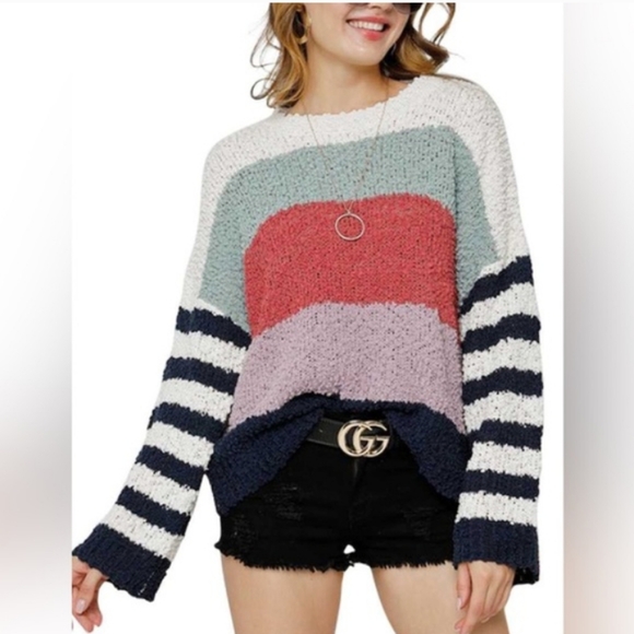Newberry Kustoms Color Block Striped Fuzzy Knit Chunky Knit Pullover Sweater - Picture 3 of 9